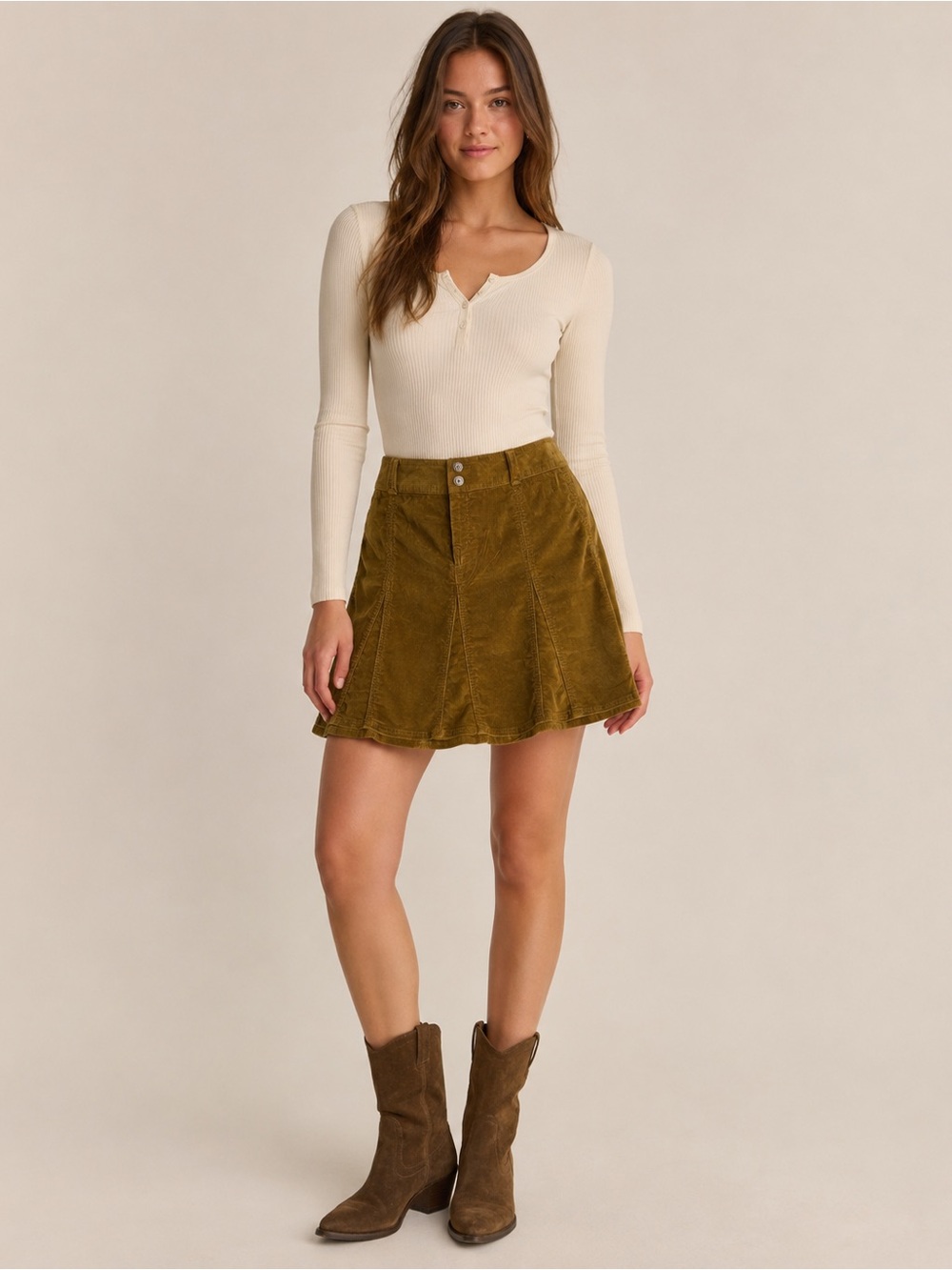 Athleta Vintage Skirt Brown Corduroy Skirt Snap Button Back Pockets Size 0